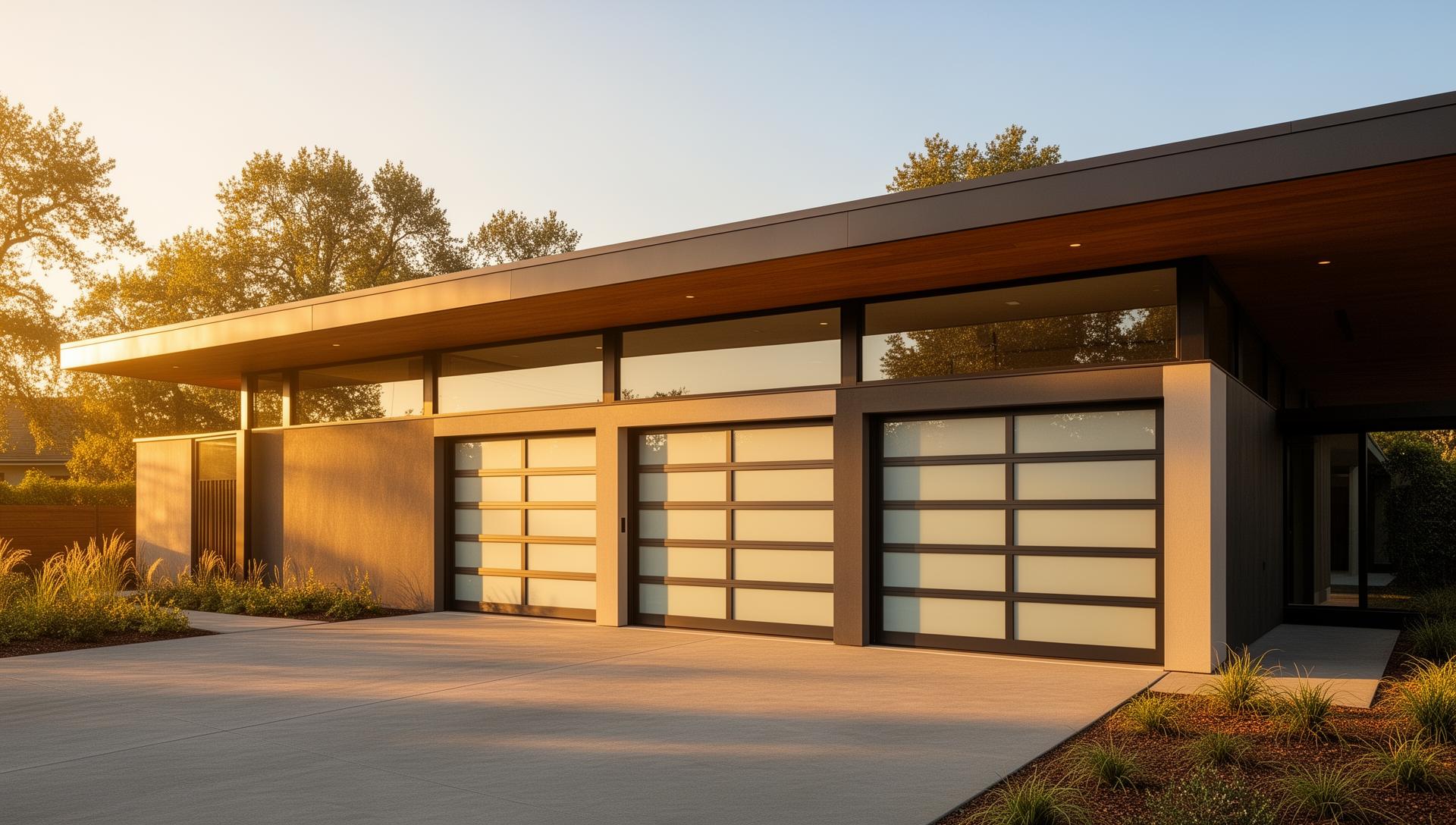 Modern sleek steel garage doors with frosted glass panels on contemporary home